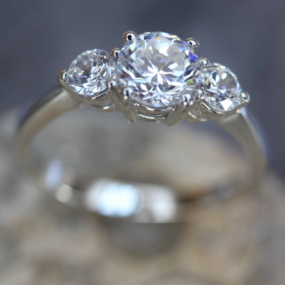 Three Stone Moissanite Sterling Silver Ring